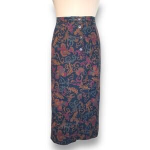 Vintage 90s Black Burgundy Floral Paisley Maxi Skirt Size 10 Made In USA Cotton